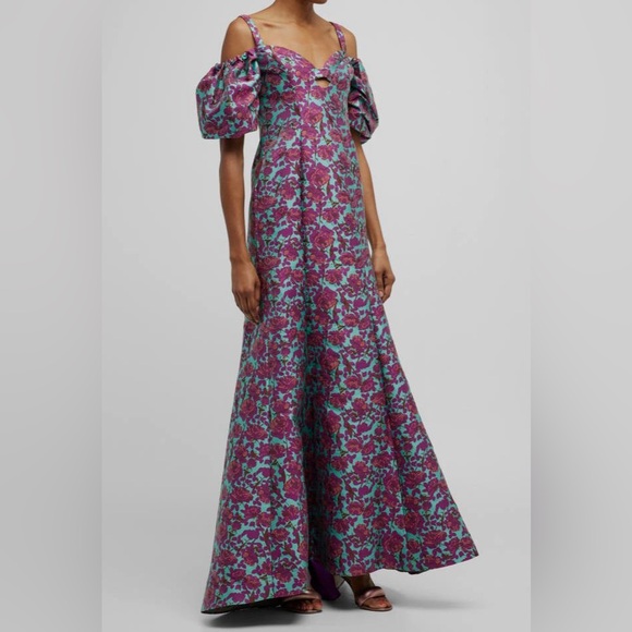 $1492 Zac Posen Women's Purple Floral Jacquard Cold Shoulder Gown - Picture 2 of 8